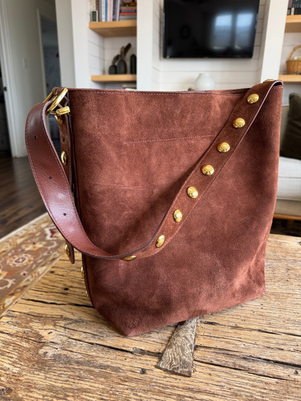 Madewell Brown Suede Shoulder Tote Bag with Studded Strap
